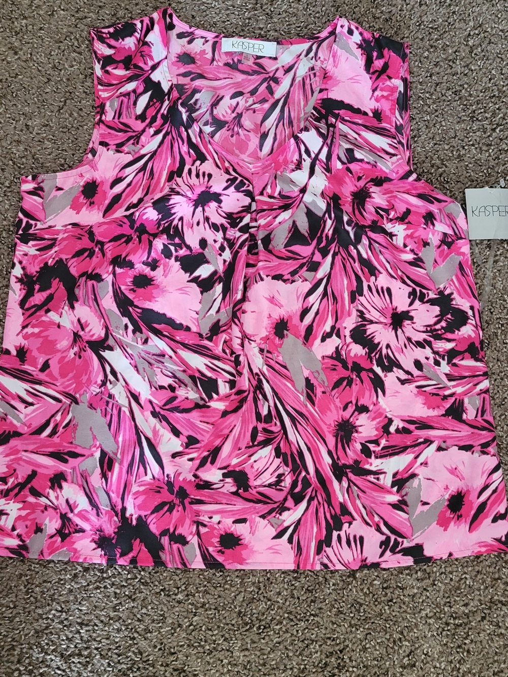 Kasper Hot Pink and Black Floral V-Neck Sleeveless Top